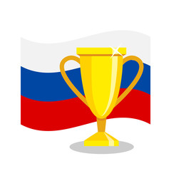 Golden cup with russian flag on white background. Concept of championship, league, team sport. Concept of prize, leadership, winning and success. Winner award.