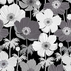 seamless floral pattern with anemone in monochrome