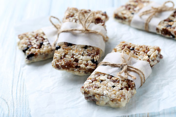 Granola bar on a blue wooden table