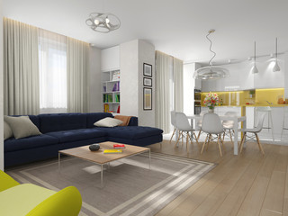 Interior living room, dining room, kitchen.