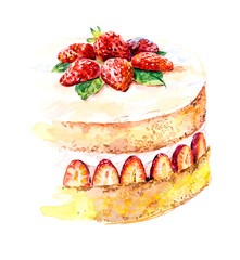 Strawberries biscuit cake. Watercolor hand drawn illustration.