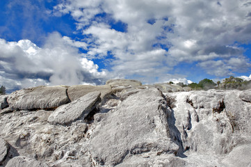 Sulfur from Whakarewarewa Geyser at Te Puia thermal park in geothermal valley of Rotorua, New Zealand