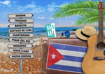 Printed roller blinds Havana Concept of summer traveling with old suitcase and Cuba town sign