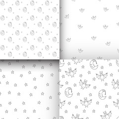 Set of seamless halloween pattern with cartoon characters