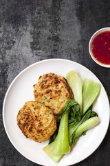 Thai Chicken Burgers with Sweet Chili Sauce and Asian Greens