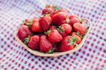 Strawberries in a wooden basket on a checkered tablecloth