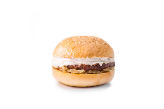 Burger with goat cheese and onion beef and on white background