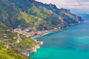 Fototapeta na wymiar Amazing view of Amalfi coast and town of Maiori from Ravello village, Campania region, South of Italy