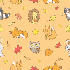 Seamless pattern with cute cartoon foxes, hedgehog, squirrel, raccoon, owl  and falling leaves on  orange  background. Autumn season. Funny forest animals. Vector image. Children's illustration.