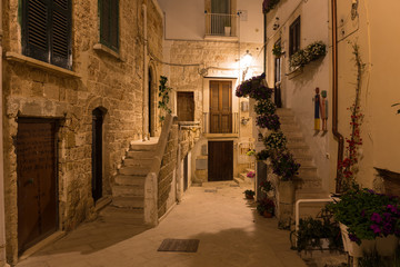 Fototapeta na wymiar Romantic streets of Polignano a Mare old town by night with poems written on stairs, Apulia region, South of Italy