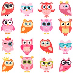 set of red and pink owls