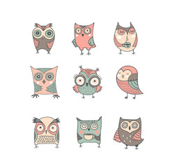 Cute, hand drawn owl vector watercolor illustrations