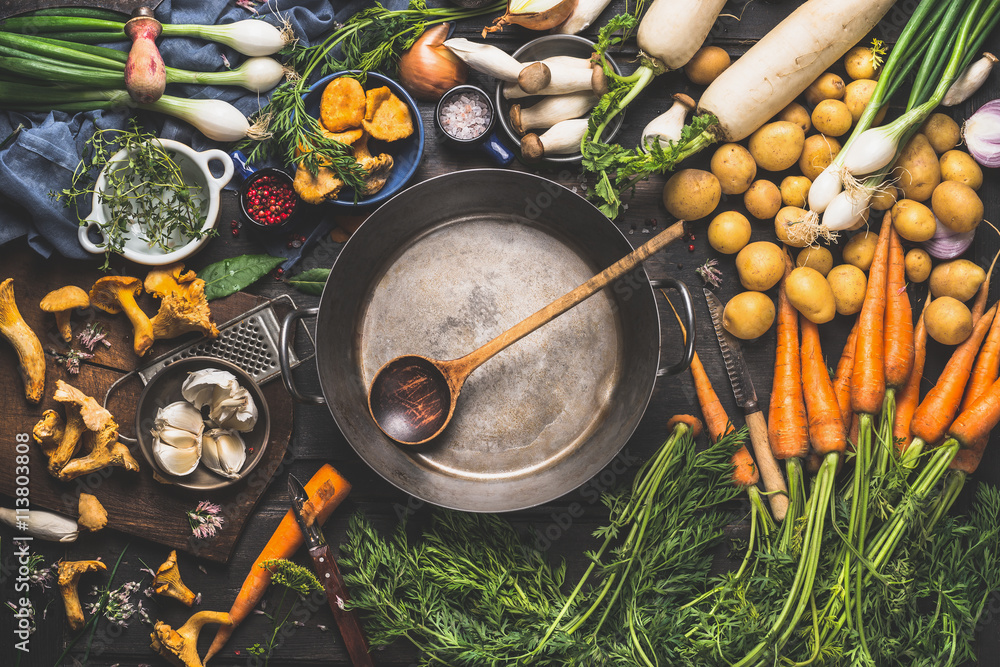 Sticker various organic vegetables ingredients around empty aged cooking pot with wooden spoon on old kitche