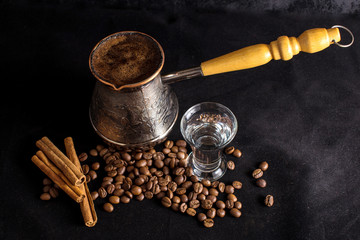 Turkish coffee, with beans and cinnamon