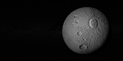 Obraz premium Tethys or Saturn III, mid-sized moon of Saturn on space bacground mid-sized moon of Saturn.3d rendering.