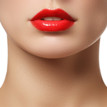 Passionate red lips, macro photography. Beauty and fashion concept