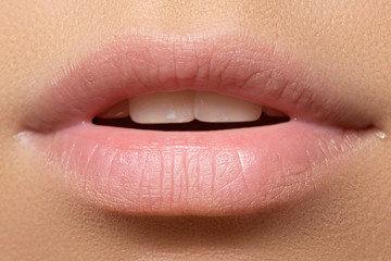 Part of face, young woman close-up. Sexy plump lips without make-up