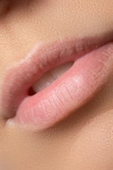 Part of face, young woman close-up. Sexy plump lips without make-up