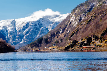 Norweski krajobraz z pociągiem