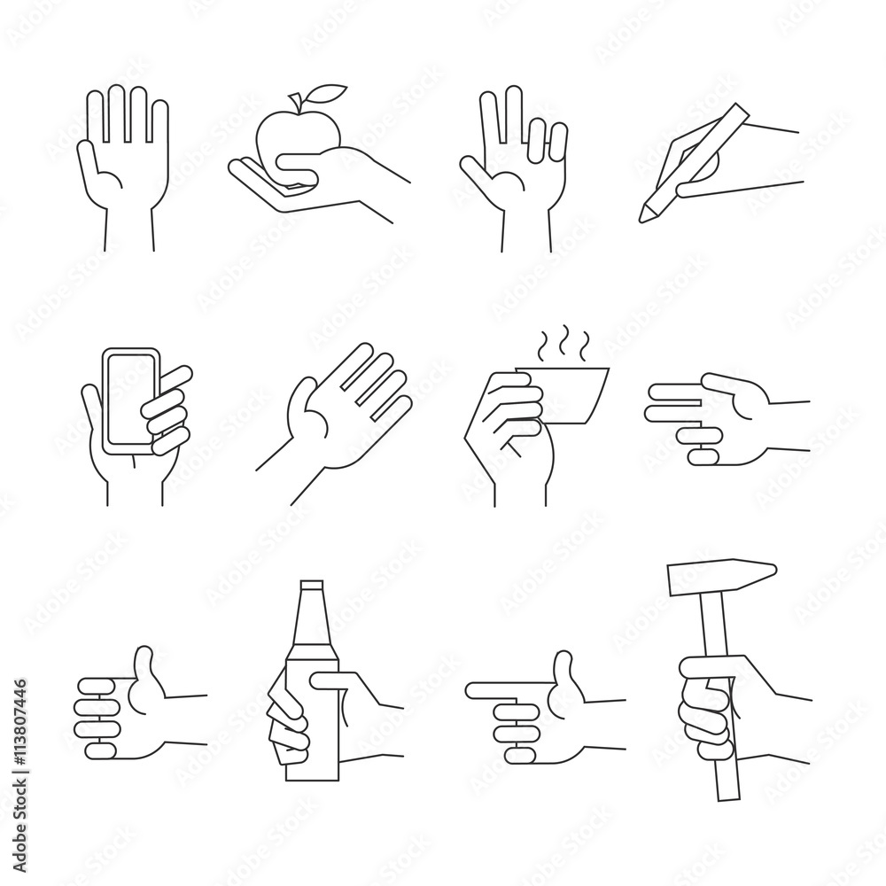 Poster hand icons with tools and other object. hand hold device and set of sign hand with object. vector il