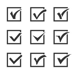 Check marks, ticks in boxes confirmation, positive vector icons. Positive check choice and vote correct positive illustration