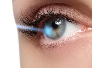 Laser vision correction. Woman's eye. Human eye. Woman eye with long eyelashes