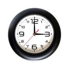 Big round wall clock, with a black rim isolated on white background close-up and arrows showing three o'clock