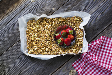 Healthy breakfast. Granola, fresh strawberry and yogurt