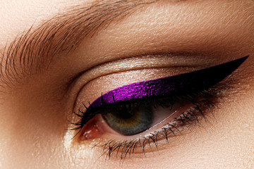 Elegance close-up of beautiful female eye with fashion eye shadows