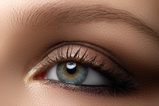 Elegance close-up of female eye with classic dark brown smoky make-up