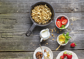 Healthy breakfast. Granola, fresh strawberry and yogurt