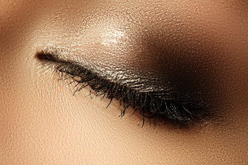 Eye makeup. Beautiful eyes make-up. Holiday makeup detail. Long lashes
