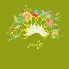 Summer july lettering with flowers and berries