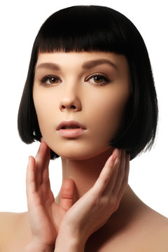 Beauty Model With Perfect Glossy Black Hair. Close-up Portrait.