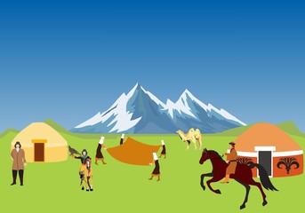 Kazakh aul, nomads dwelling, life in village of nomads kazakhs, Kazakhstan.