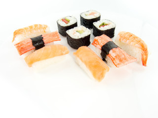 assorted delicious japanese traditional sushi over white