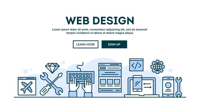 Web design, concept header, flat design thin line style