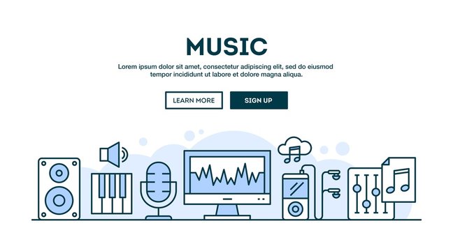 Music production, concept header, flat design thin line style