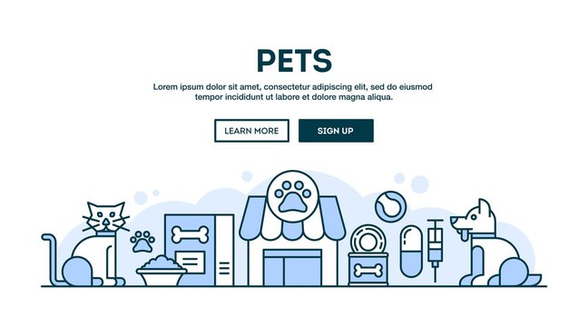 Pets, concept header, flat design thin line style