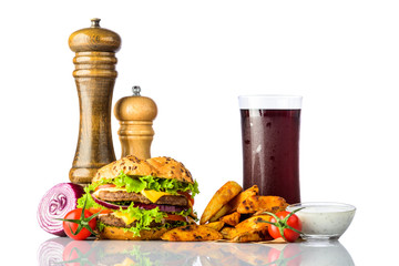Cold Cola with Burger and Fries on White