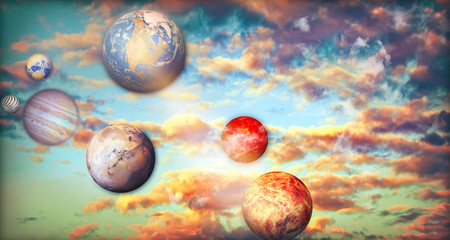 Fantasy sky with clouds and planets