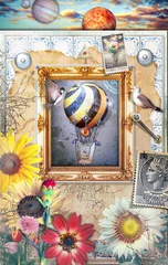 Zelfklevend Fotobehang Magische spiegel met heteluchtballonnen, bloemen van de lente en oud personeel © Rosario Rizzo
