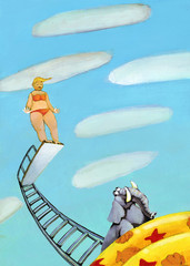 girl wants to dive but in the pool there is an elephant, humorous illustration surreal situation humor image © nuvolanevicata