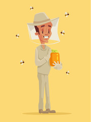 Beekeeper in special suit hold jar of honey. Vector flat cartoon illustration