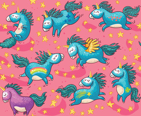 Cute seamless pattern with unicorns in the pink background