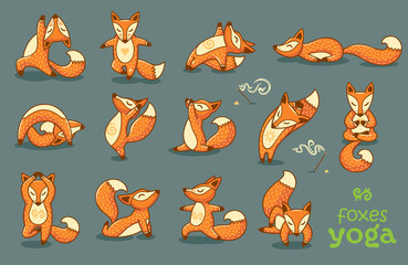 Set of cartoon funny foxes doing yoga position