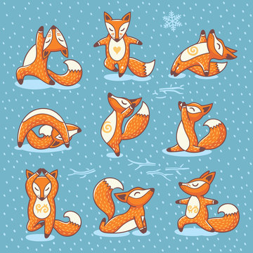 Set of cartoon funny red foxes doing yoga in snow