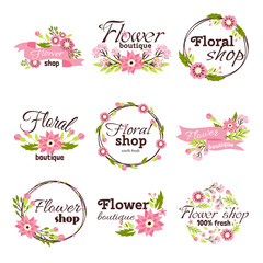 Naklejka premium Bright sign flower shop vector illustration.