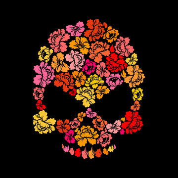 Rose skull on black background. Skeleton Head of flower petals.