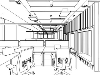 interior outline sketch drawing perspective of a space office